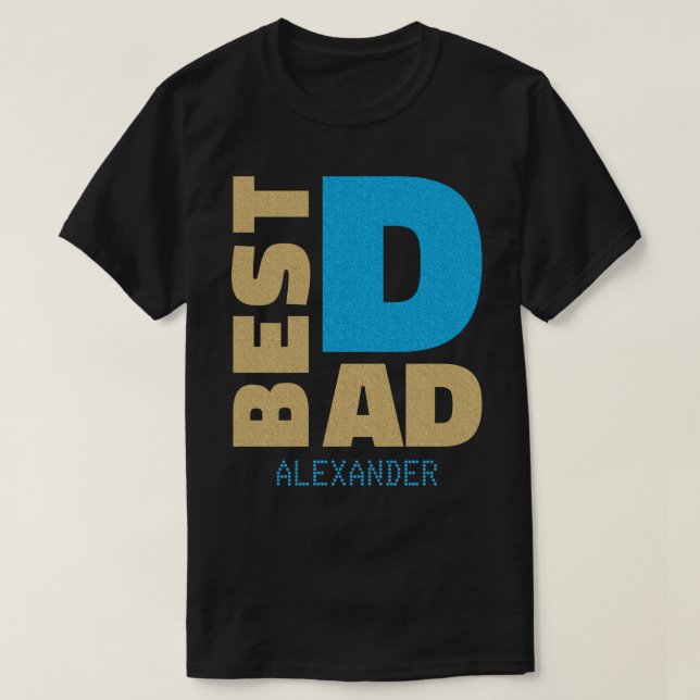 Der beste Vater Gold Blue Glitzer Name T-Shirt (Design vorne)