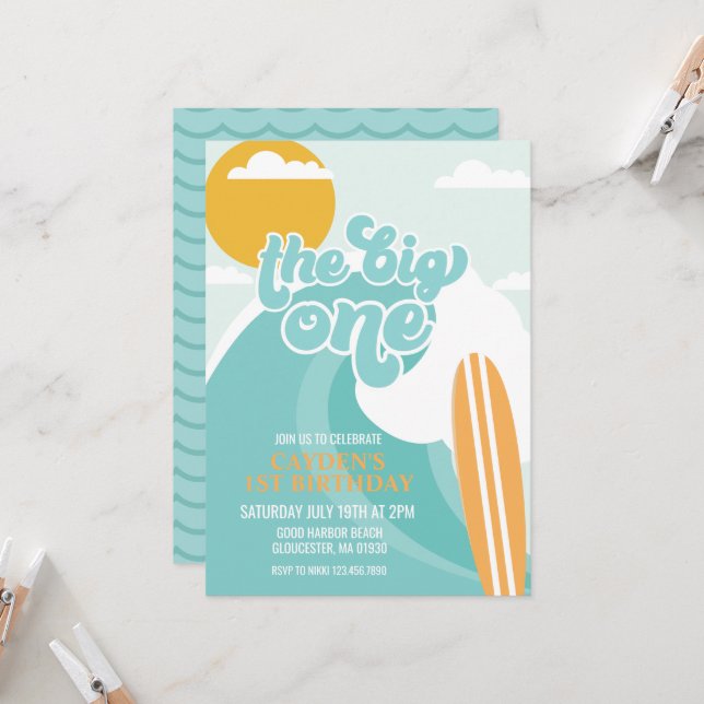 Der Big One Wave Beach zum Geburtstag Einladung (Vorderseite/Rückseite Beispiel)