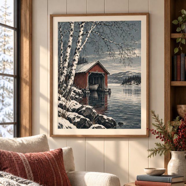 Der Birken-Bootsschuppen-Kunstprint Poster (Styled display of The Birch Boat Shelter Art Print. Frame, mat and furnishings shown for illustration; select framing options separately.)