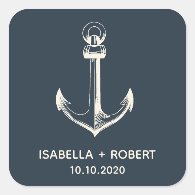 Der blaue Anker | Hochzeitsmonogramm Quadratischer Aufkleber (Vorderseite)