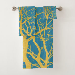 Der blaue Hintergrund der Zweige des Golden Trees Badhandtuch Set