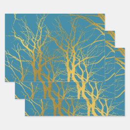 Der blaue Hintergrund der Zweige des Golden Trees Geschenkpapier Set