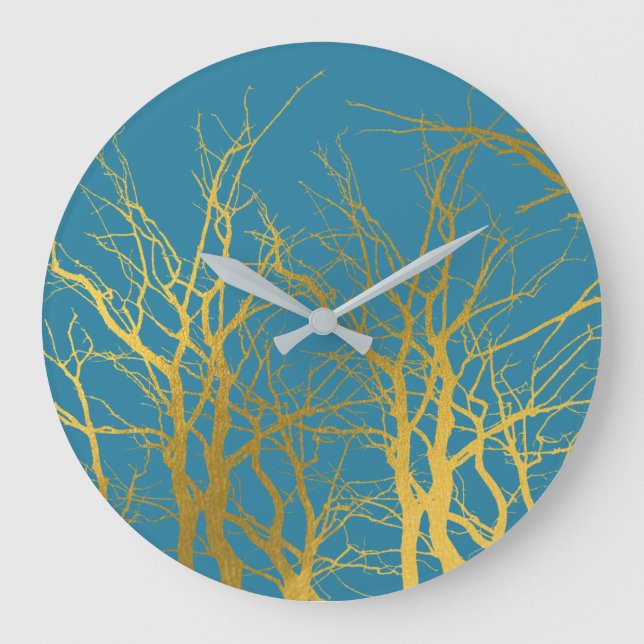 Der blaue Hintergrund der Zweige des Golden Trees Große Wanduhr (Vorderseite)