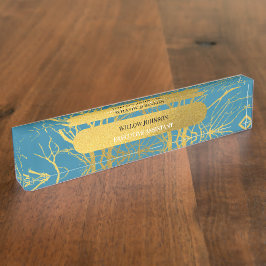 Der blaue Hintergrund der Zweige des Golden Trees Namensplakette