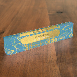 Der blaue Hintergrund der Zweige des Golden Trees Namensplakette