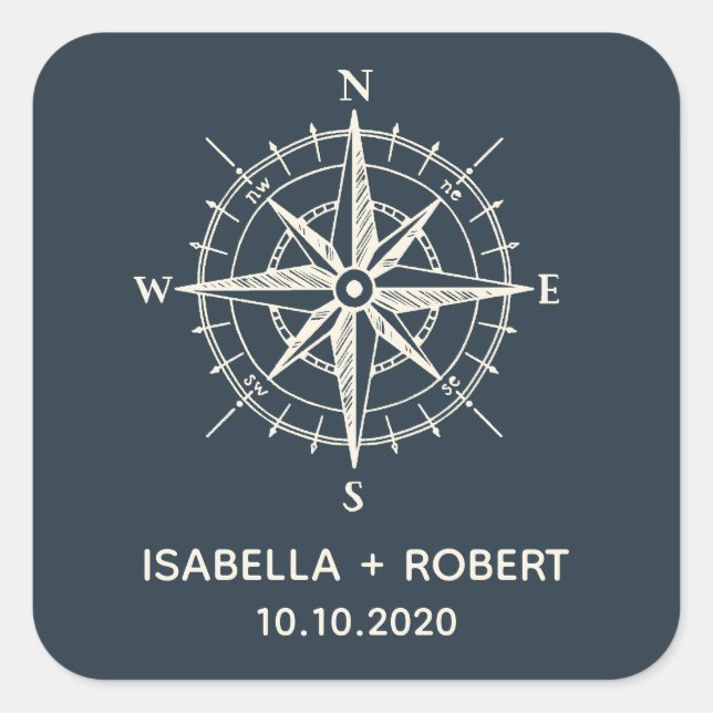 Der blaue Kompass | Hochzeitsmonogramm Quadratischer Aufkleber (Vorderseite)