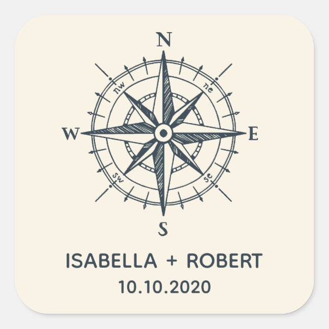 Der blaue Kompass | Hochzeitsmonogramm Quadratischer Aufkleber (Vorderseite)