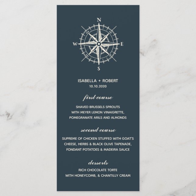 Der blaue Kompass | Nautical Wedding Menu Menükarte (Vorderseite)