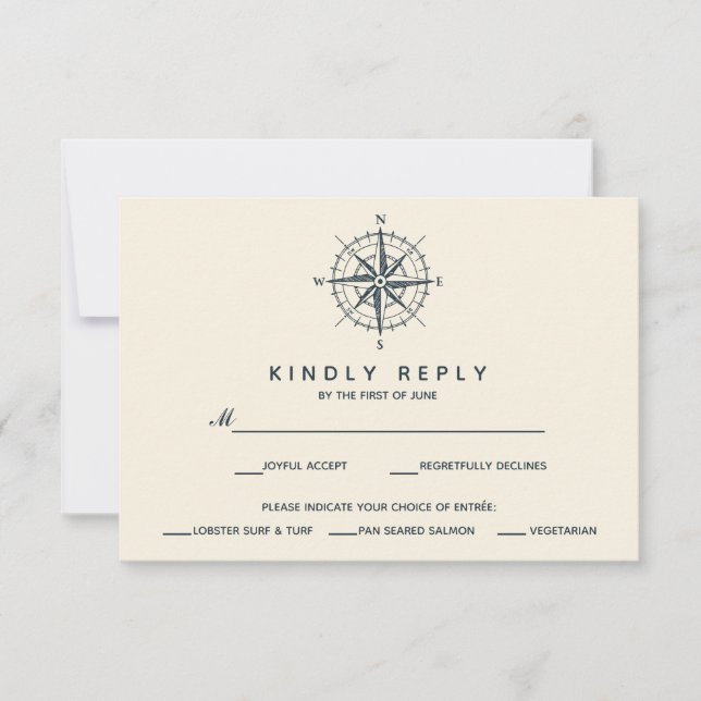 Der blaue Kompass | RSVP-Hochzeitessen - Auswahl V RSVP Karte (Vorderseite)