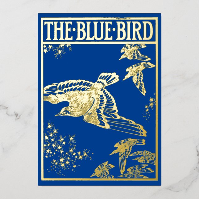Der blaue Vogel - Vintages Gold Folieneinladung (Vorderseite)