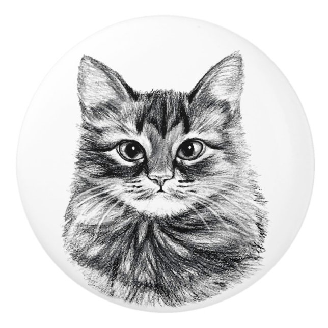 Der Bleistift, der Katzen-Gesichts-Fach zeichnet, Keramikknauf (Vorderseite)