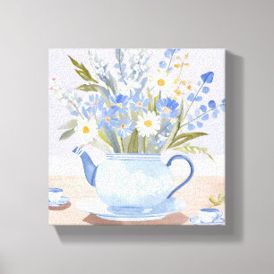 Der blühende Kessel Blaue Aquarell-Teemalerei Leinwanddruck