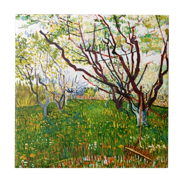 Der blühende Obstgarten (1888) von Vincent Van Gog Fliese (Vorderseite)