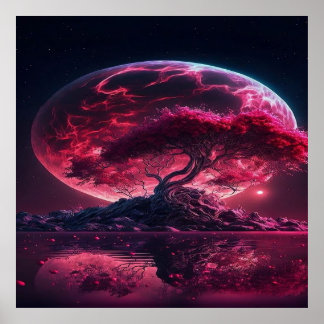 Der Blutmond steigt. Lila-rosa-Mond-Fantasie Poster