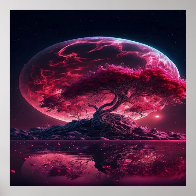 Der Blutmond steigt. Lila-rosa-Mond-Fantasie Poster (Vorne)