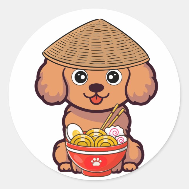 Der braune Hund isst Nudeln Runder Aufkleber (Vorderseite)