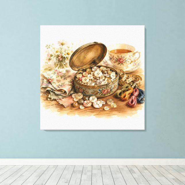 Der Button Tin Stretched Canvas Print Leinwanddruck (Insitu (Holzboden))