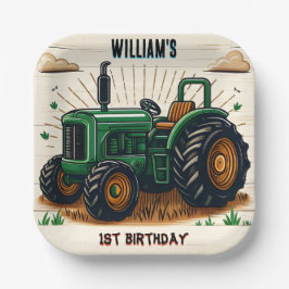 Der coole Traktor des Kinderretro-Jungen 1. Geburt Pappteller