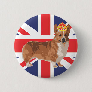 Der Corgi der Königin mit Kronen-und Button