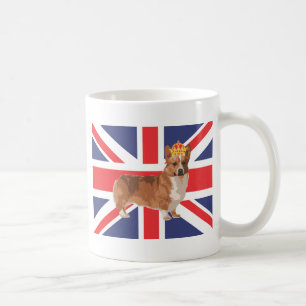 Der Corgi der Königin mit Kronen-und Kaffeetasse