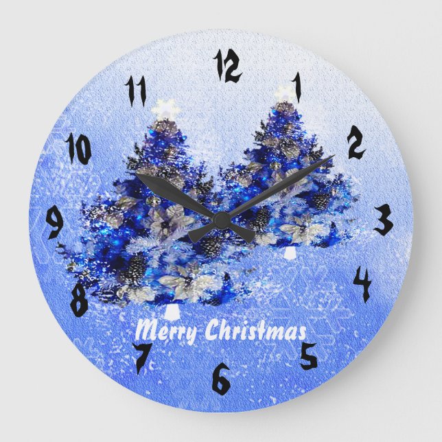 Der dekorierte blaue Christbaum Große Wanduhr (Vorderseite)