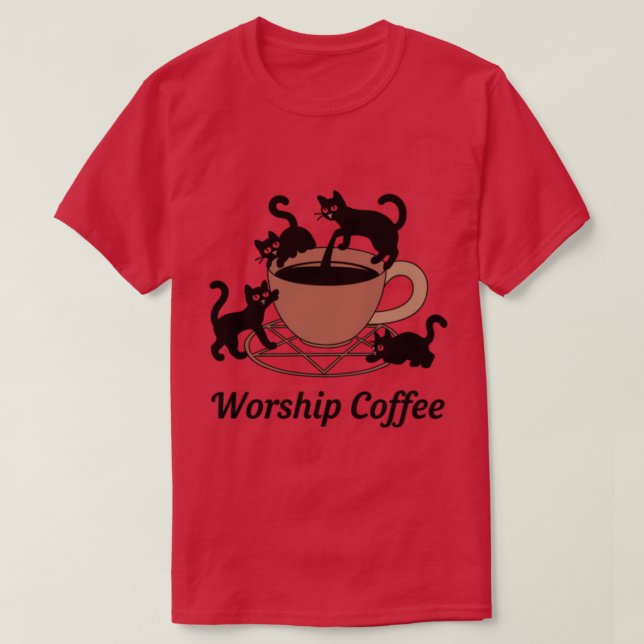 Der dunkle Herr katzt Kaffee anbeten, Kaffee anbet T-Shirt (Design vorne)