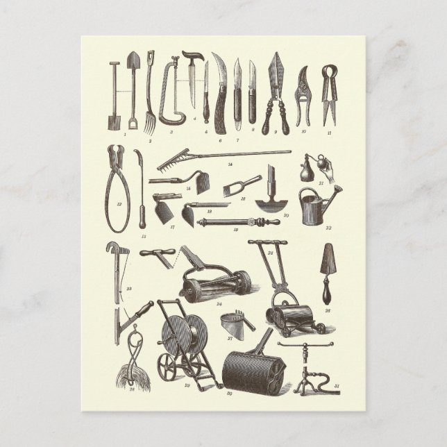 Der elegante Garten - Antique Garden Tools Postkarte (Vorderseite)