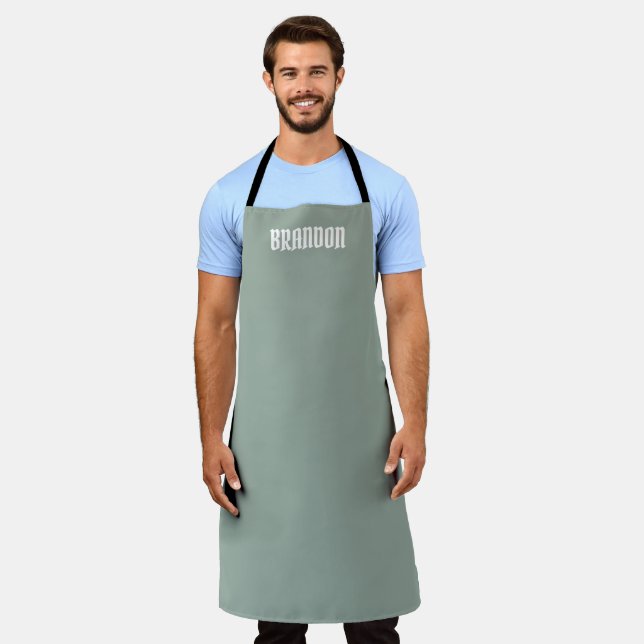 Der elegante männliche Sage Green White Name Moder Schürze (Getragen)