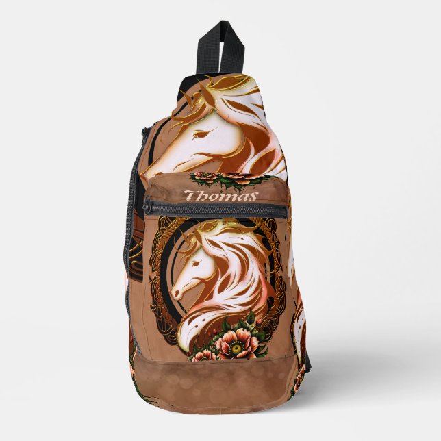 Der elegante Pferdekopf mit Blume geschmückt. Crossbody Bag (Vorderseite)