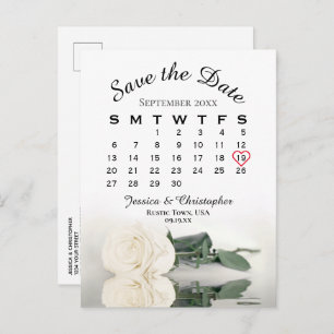 Der elegante White Rose Hochzeitkalender Save the Ankündigungspostkarte