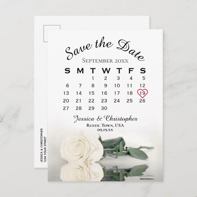 Der elegante White Rose Hochzeitkalender Save the  Ankündigungspostkarte (Vorne/Hinten)