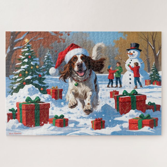 Der englische Setter läuft im Schnee mit Weihnacht Puzzle (Horizontal)