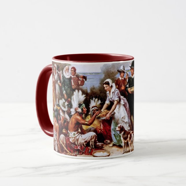 Der erste Erntedank 1621. Kunsthandwerk-Tasse Tasse (Vorderseite Links)