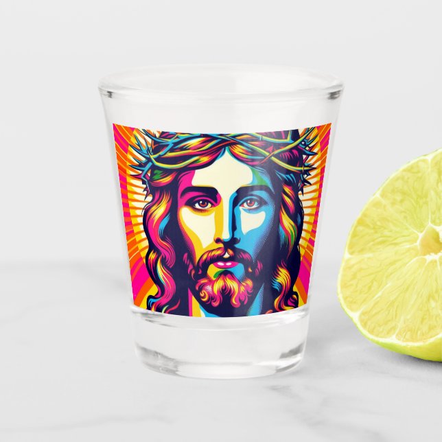 Der farbenfrohe Jesus schoss eine Brille! Schnapsglas (Vorderseite)