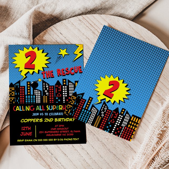 Der farbenfrohe Superheld Two zum zweiten Geburtst Einladung (Superhero Two The Rescue 2nd Birthday Invitation Template, Boys Superhero 2nd Birthday Invitation )