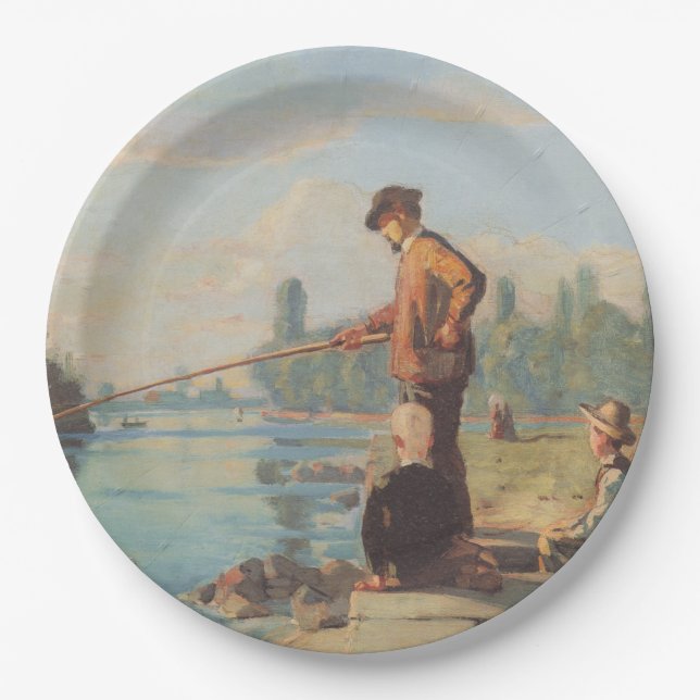 Der Fischer (Angeln im Freien) (Fluss) Pappteller (Vorderseite)