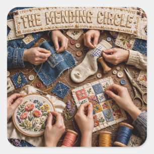 Der Flickkreis – Sichtbare Vintage-Stickerei Quadratischer Aufkleber