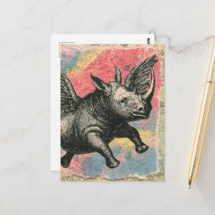 Der fliegende Rhino-Mixed-Media-Collage Postkarte