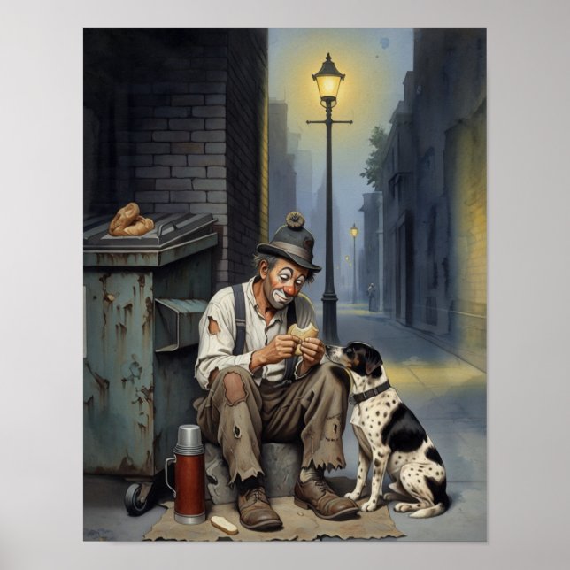 Der Freund - Obdachloser Clown mit Hund Poster (Vorne)