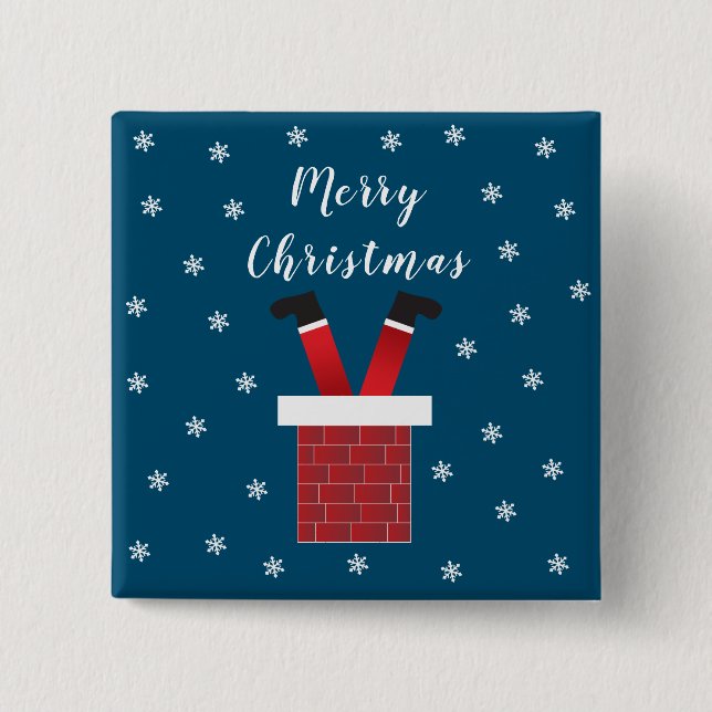 Der frohe Weihnachtsmann steckt in einem Kamin Button (Vorderseite)