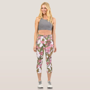 Der Frühling blüht in Rosa, grüne Oliven Capri Leggings