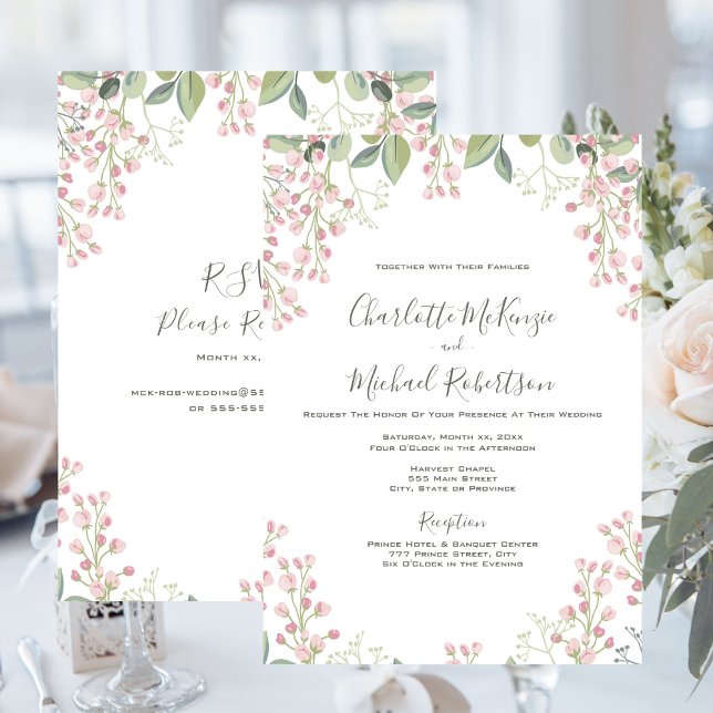 Der Frühling blüht rosafarbene, blumenreiche Minze Einladung (Spring Blossoms Pink Floral Mint Green Wedding Invitation)