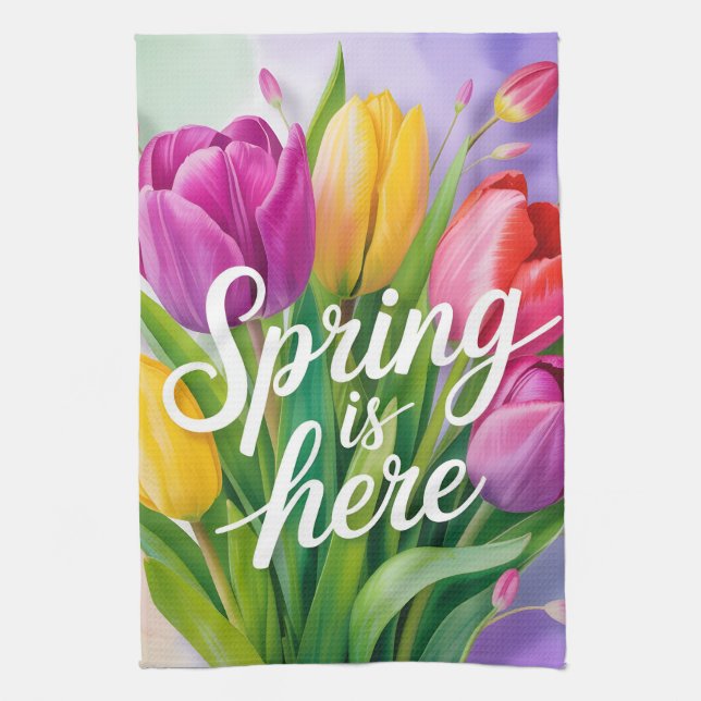 "Der Frühling ist da" Tulpenstrauß-Illustration Geschirrtuch (Vertikal)