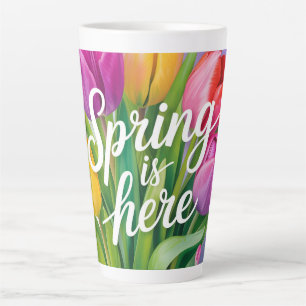 "Der Frühling ist da" Tulpenstrauß-Illustration Milchtasse