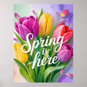 "Der Frühling ist da" Tulpenstrauß-Illustration Poster