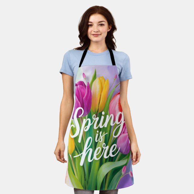 "Der Frühling ist da" Tulpenstrauß-Illustration Schürze (Getragen)