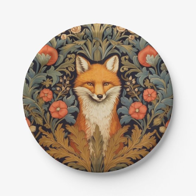 Der Fuchs und rote Blumen im Jugendstil Pappteller (Vorderseite)