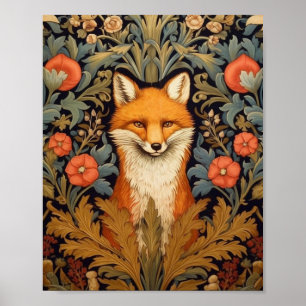 Der Fuchs und rote Blumen im Jugendstil Poster