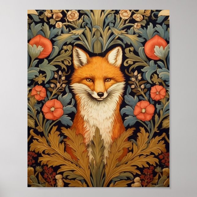 Der Fuchs und rote Blumen im Jugendstil Poster (Vorne)