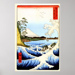Der Fujisan, brechende Wellen in dem Meer, Poster